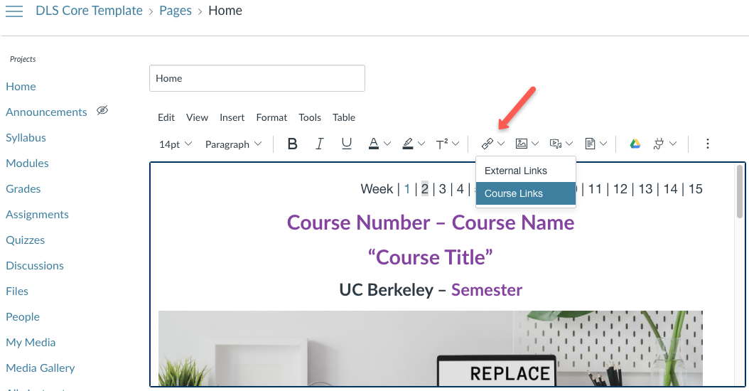 Link to a page from Course Links in the dropdown menu.