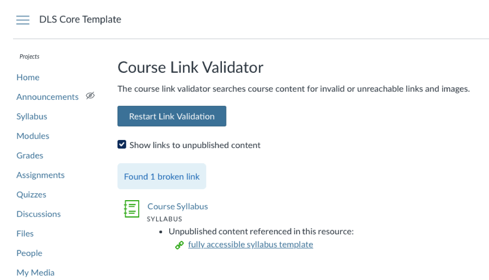 Course Link Validator list of course content errors