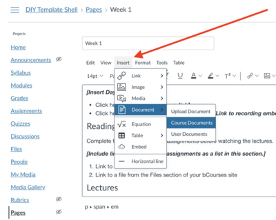 Select the Insert tab>Documents>Course Documents from the rich content editor to link to a file on a page.